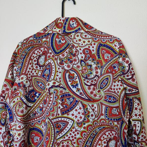 Vintage 70s LauraMae Red Blue Paisley Textured Polyester Disco Blouse Large Boho - Picture 5 of 9